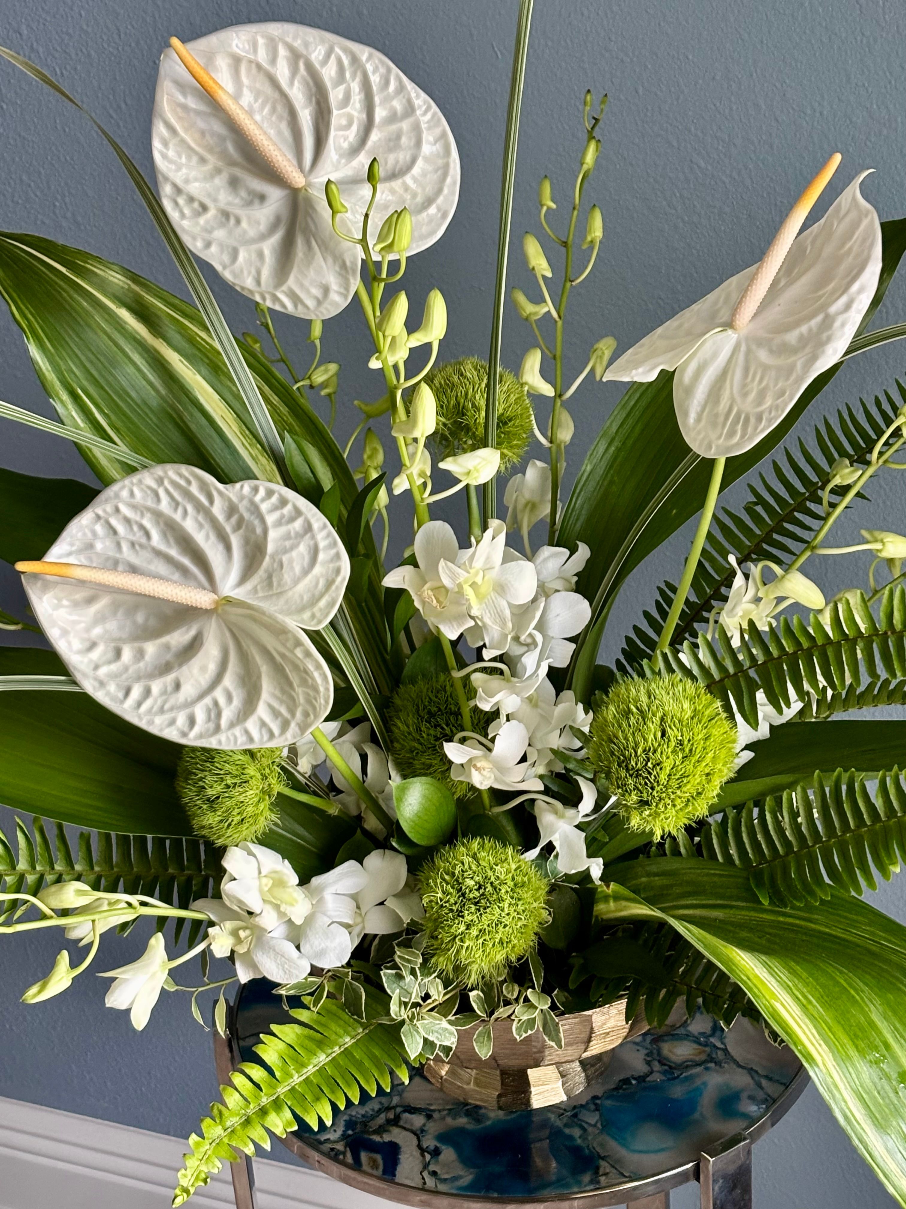 Modern Anthurium and Orchid Wedding Centerpiece